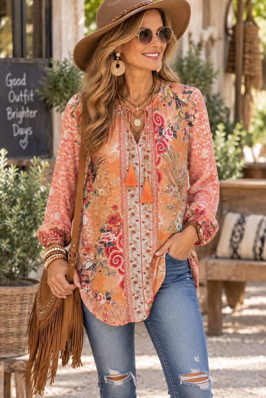 Shana Mixed Floral Tassel Tie Neck Long Sleeve Tunic Blouse Multicolor Medium